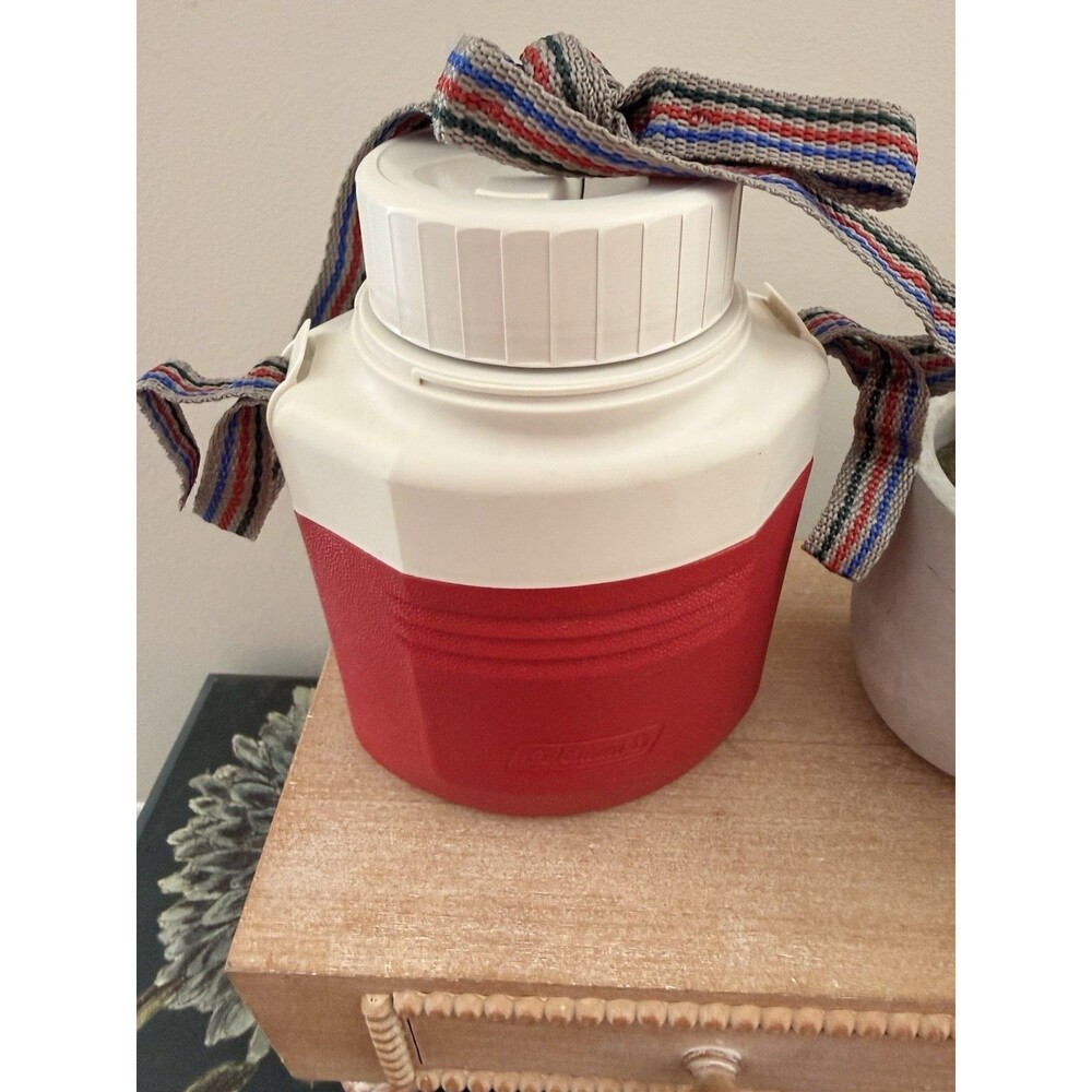 Vintage Coleman Red Water Jug Camping Cooler w Strap Flip Spout Lid Retro
